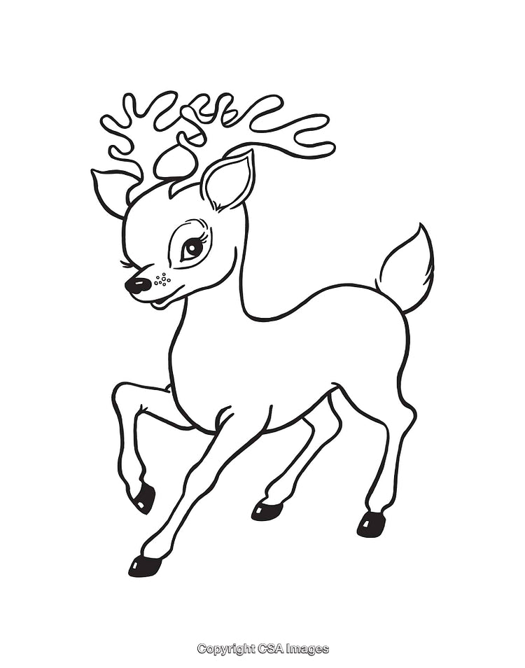 Cute Black and White Line Drawing of a Prancing Reindeer
