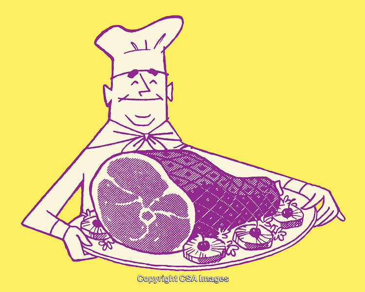 Chef Holding Platter with Ham and Garnishes in Vintage Style Illustration
