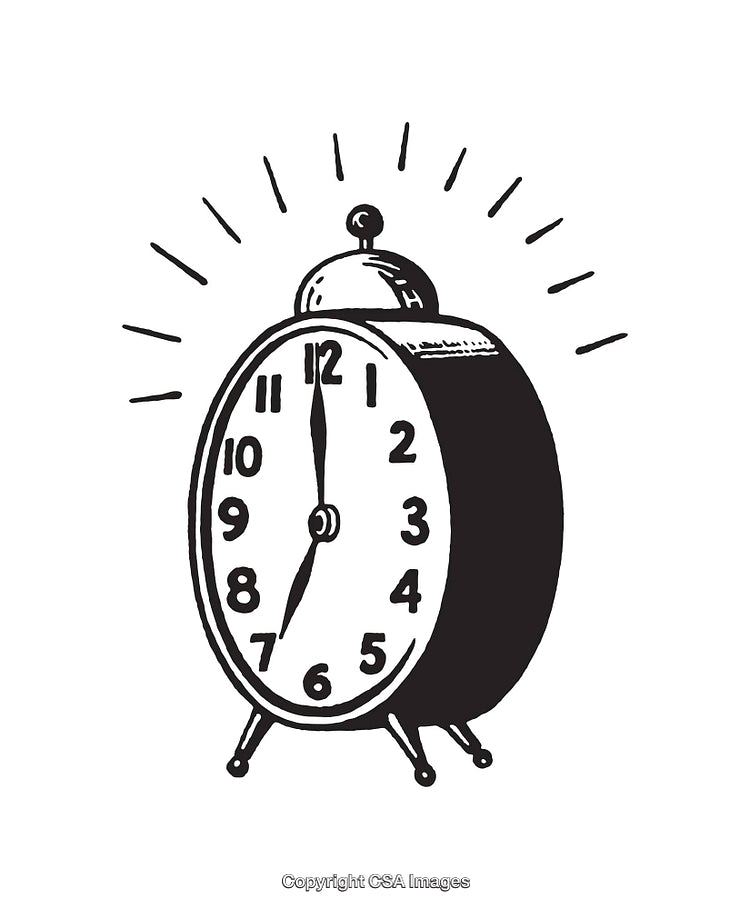 Black and White Illustration of a Retro Alarm Clock at Twelve O'clock