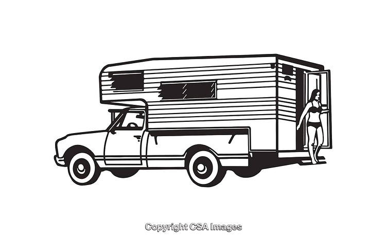 Black and White Line Art of a Camper Truck with a Person Exiting