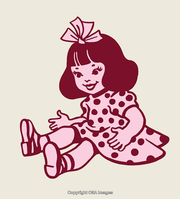 Vintage Line Art Illustration of a Cute Polka-Dot Dress Girl