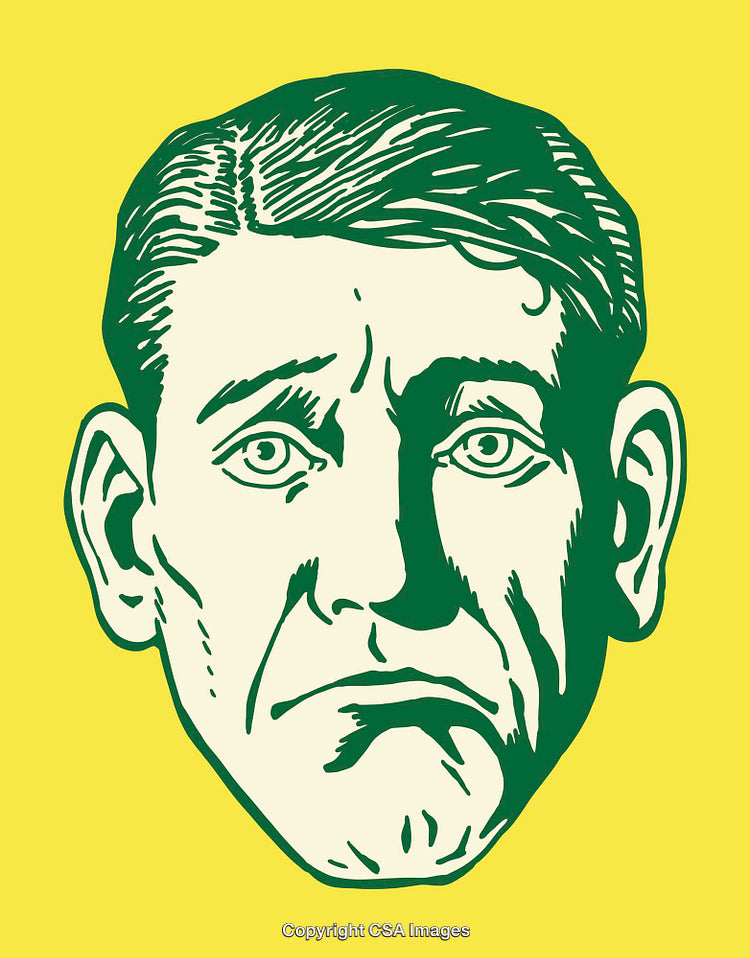Retro Illustration of a Sad Face in Green on Yellow Background
