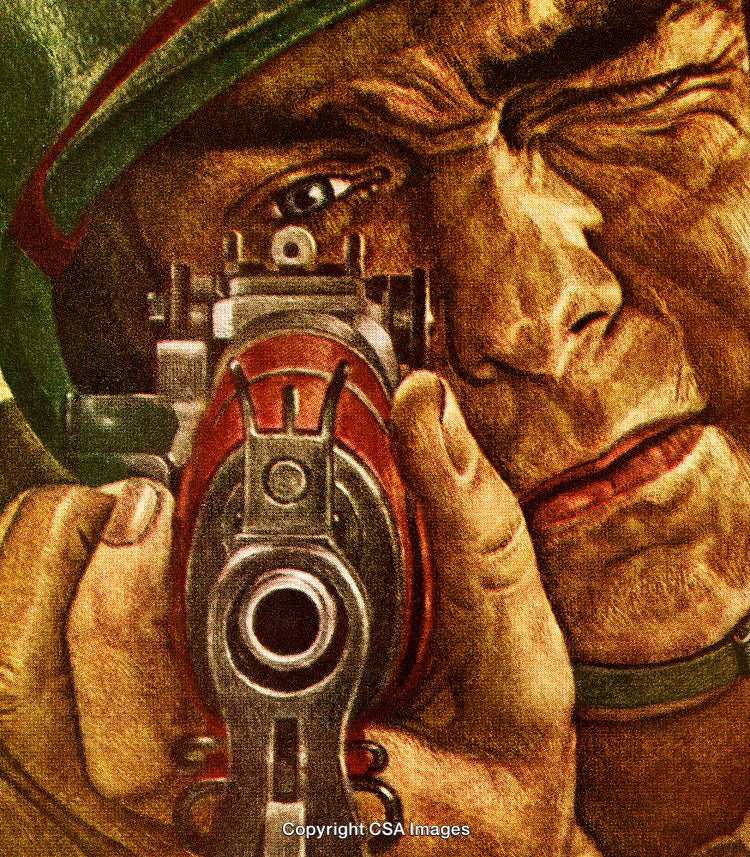 Close-Up of Man Aiming with Concentration in Vintage Military Artwork