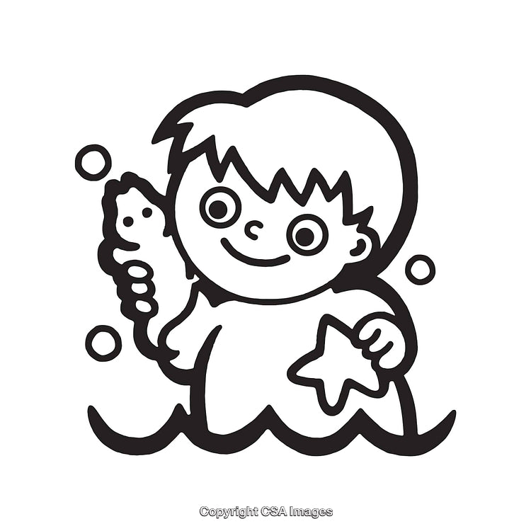 Black and White Line Art of a Smiling Child Holding Toys