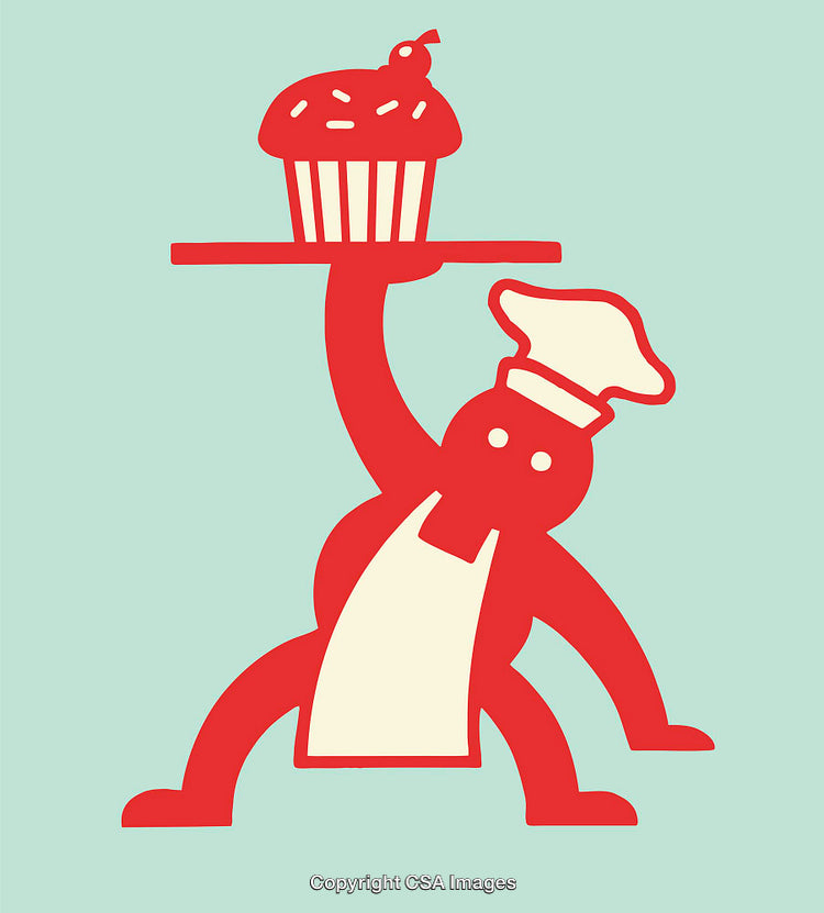Playful Chef Character Balancing a Cupcake Line Art Illustration