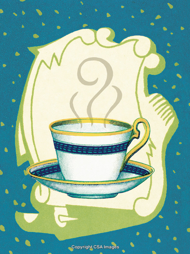 Steaming Teacup with Decorative Background in Vintage Artistic Style