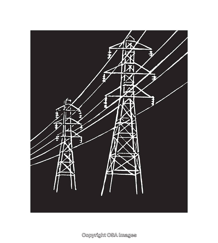 Black and White Line Art of Power Lines and Electric Towers