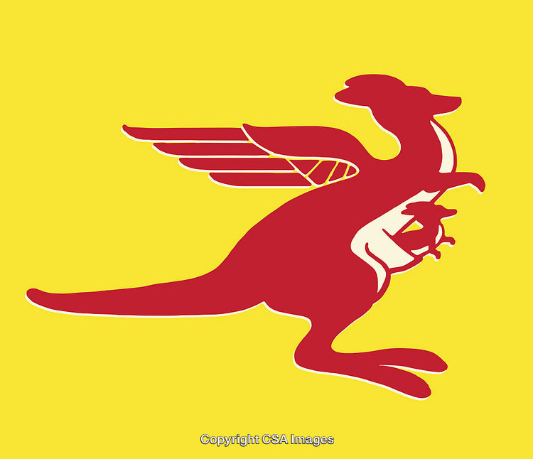 Bold Red Winged Kangaroo Silhouette on Bright Yellow Background
