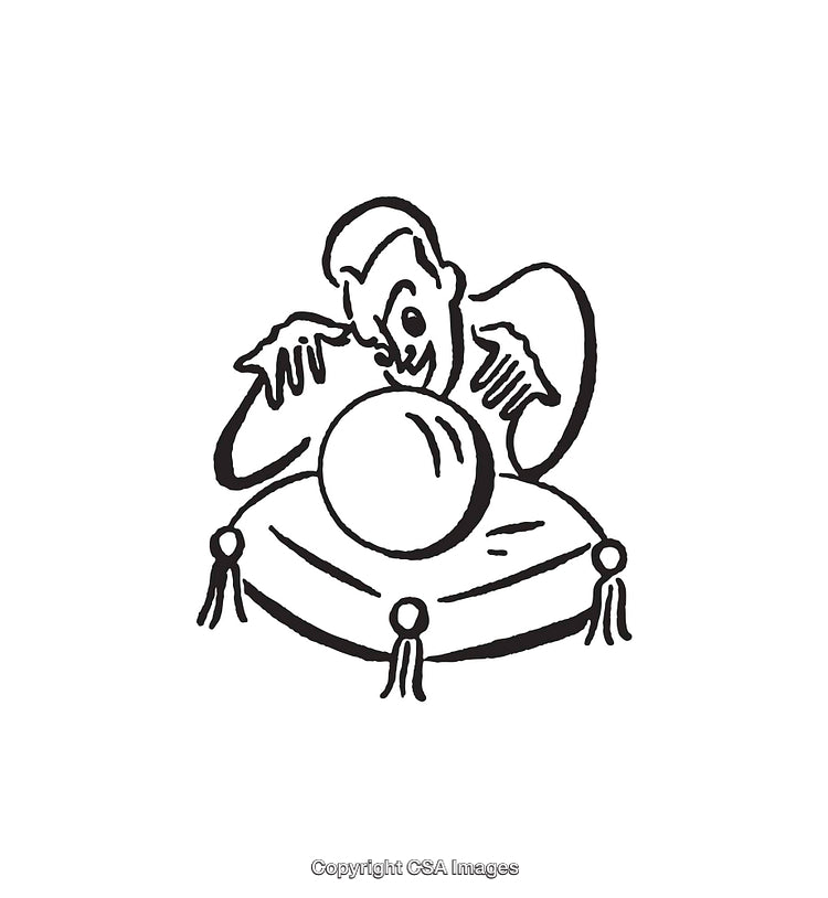 Black and White Illustration of Fortune Teller in Mystical Scene