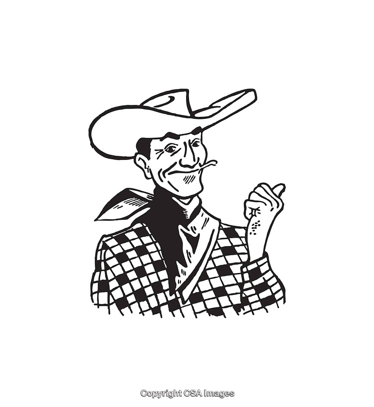 Black and White Line Art Drawing of a Cowboy Giving a Thumbs-Up Gesture