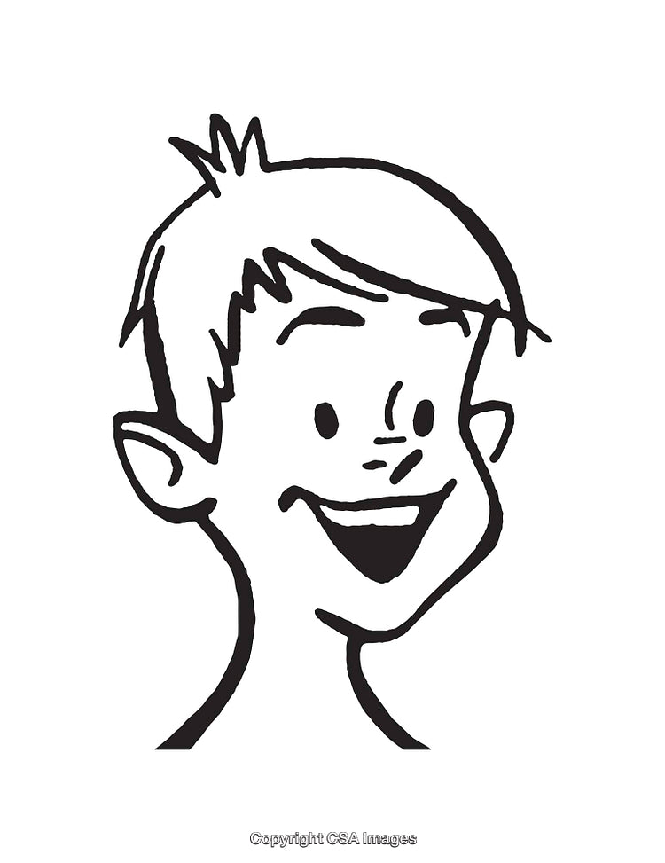 Black and White Line Art Illustration of a Smiling Boy's Face