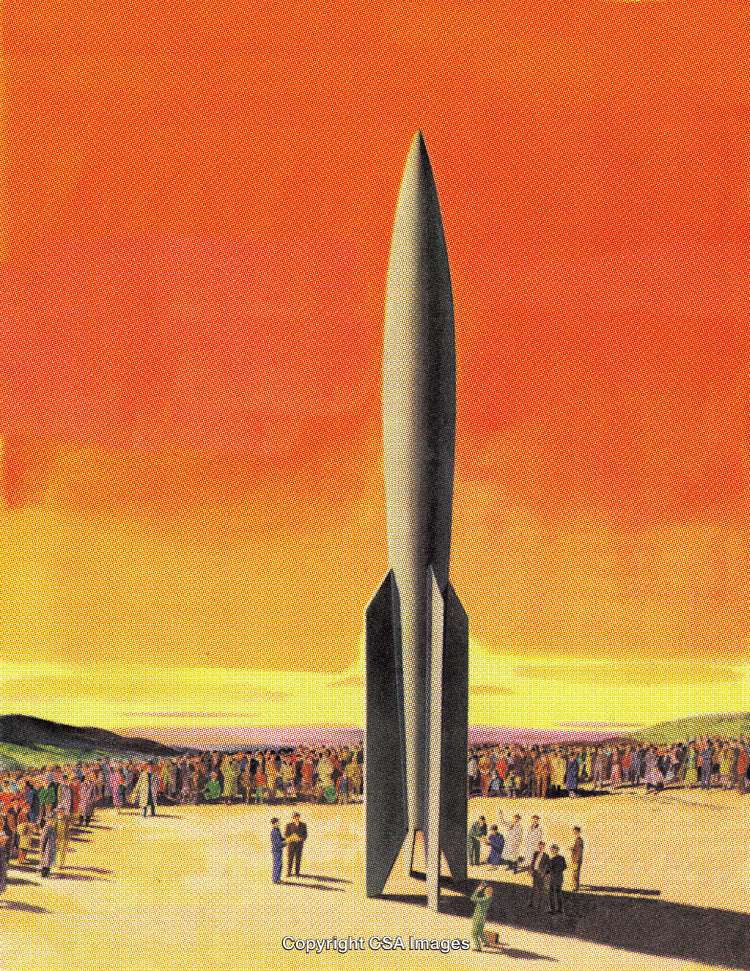 Futuristic Rocket Displayed Before a Large Crowd Under a Vibrant Sky