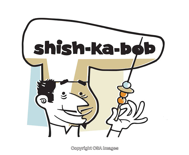 Illustration of Cartoon Character Holding Shish Kebab with Creative Text Bubble