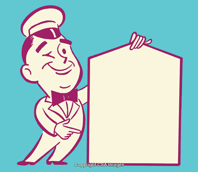 Vintage Illustration of a Winking Waiter Holding a Blank Sign