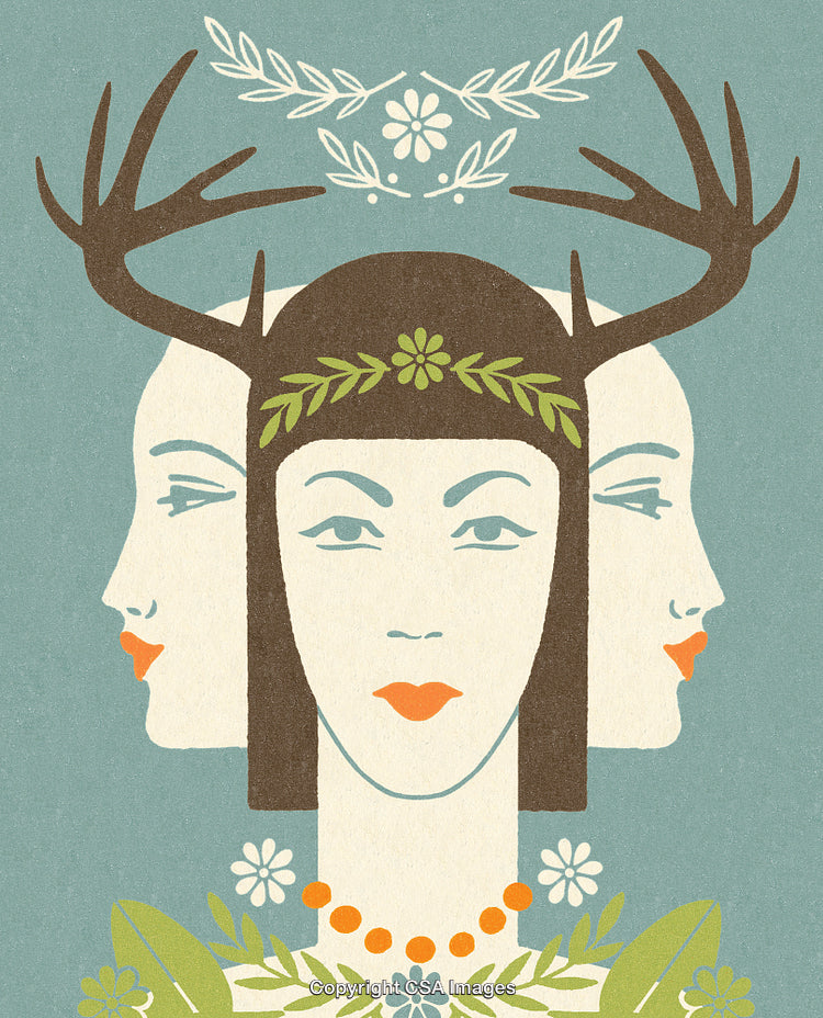 Surreal Illustration of Three Women with Antlers and Floral Accents
