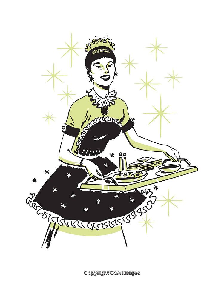 Retro Illustration of Waitress Serving a Food Tray in Vintage Style