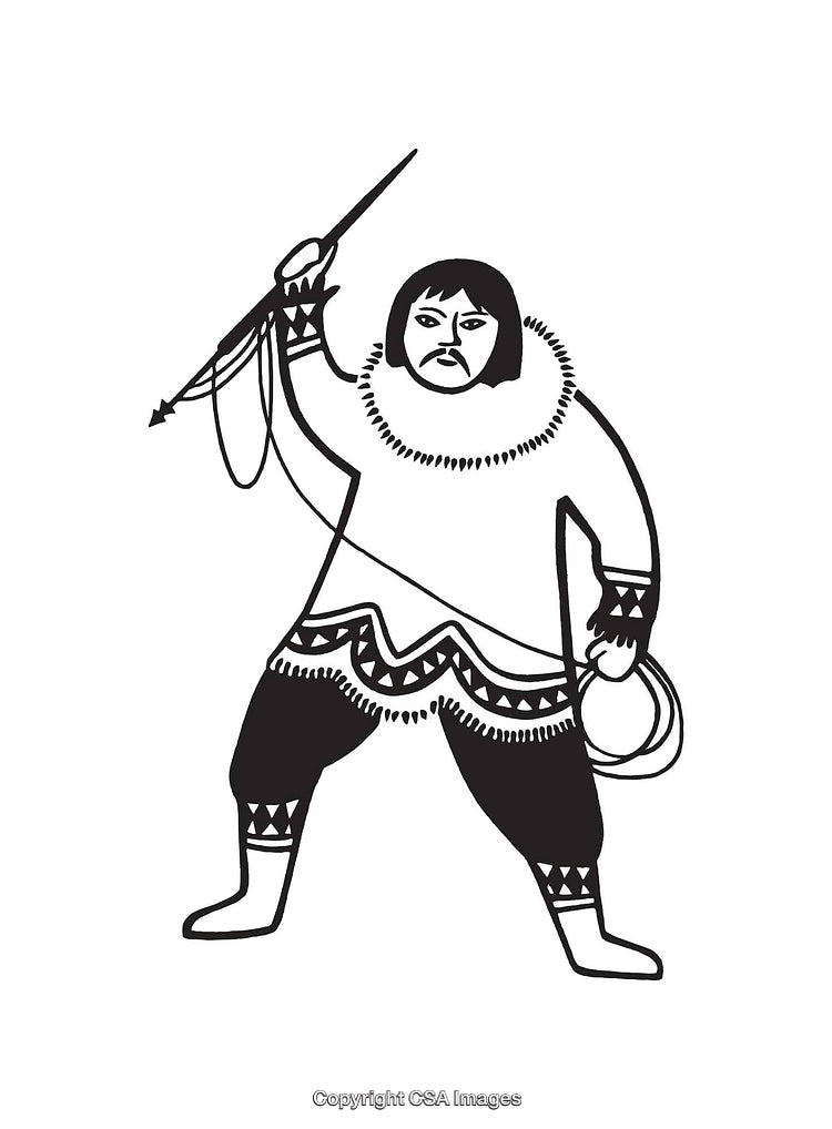 Black and White Line Art Illustration of a Hunter with a Spear