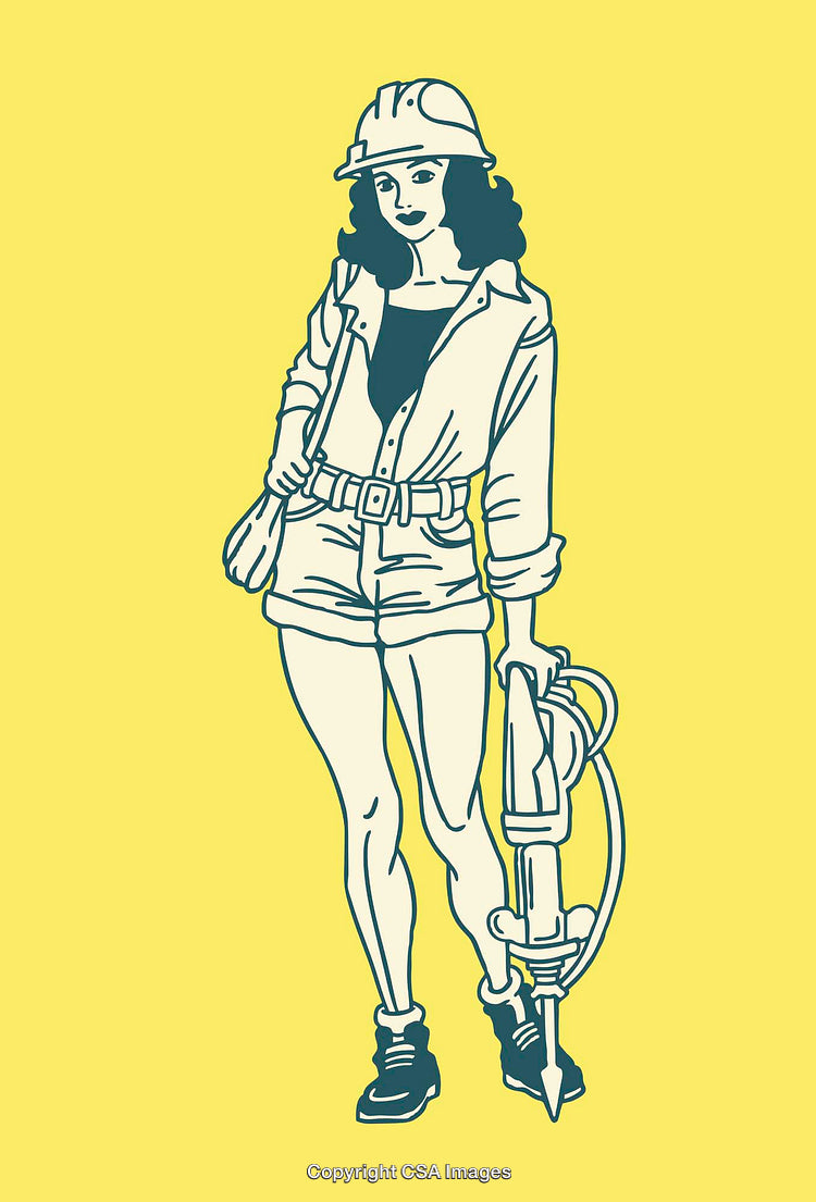 Color Line Art Illustration of a Female Construction Worker With Jackhammer