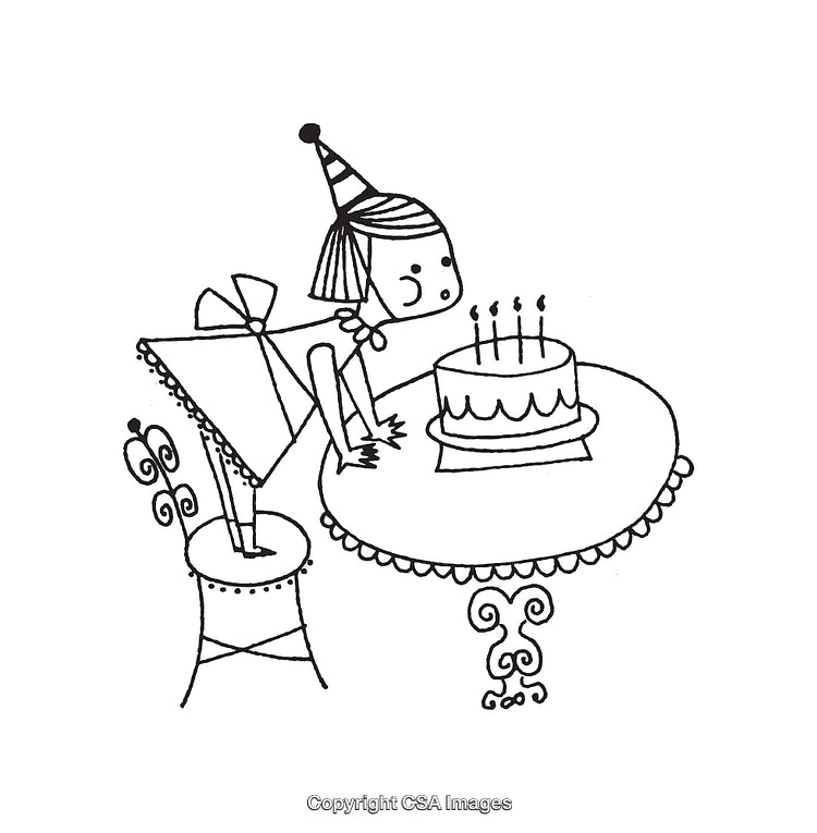 Child Blowing Out Birthday Cake Candles in Black and White Line Art