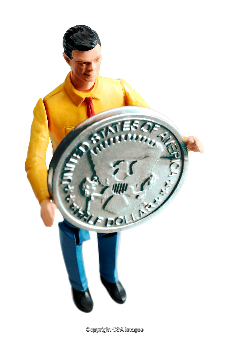 Toy Figure Holding Metal Coin in White Background Close-Up
