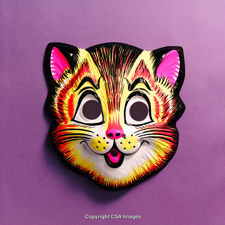 Colorful Cat Mask with Vibrant Details on Purple Background