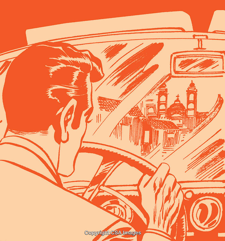 Retro Illustration of Man Driving Car with Cityscape in Rearview Mirror