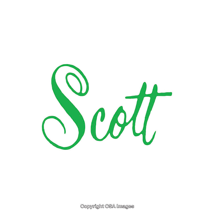 Elegant Green Script Text of the Word 'Scott' on White Background