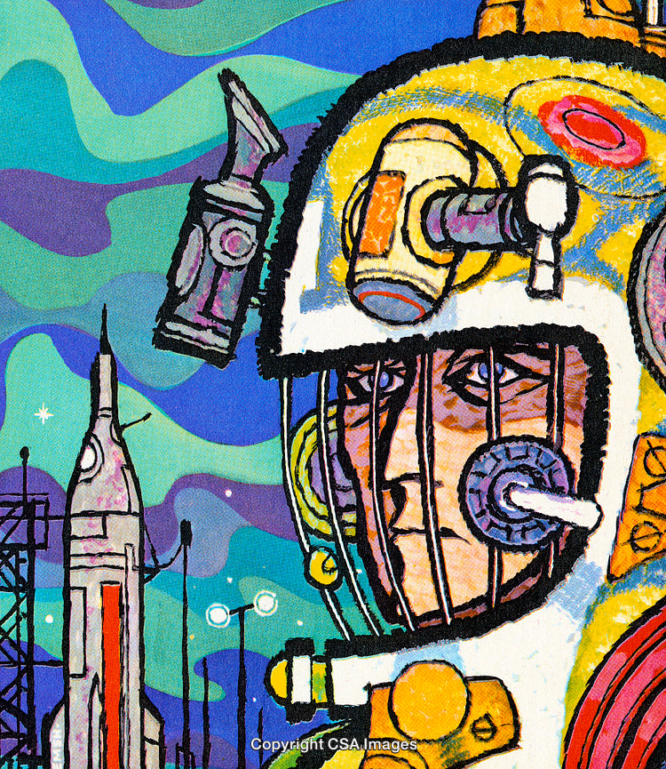Colorful Artistic Illustration Featuring Cosmonaut and Rocket Launch Background