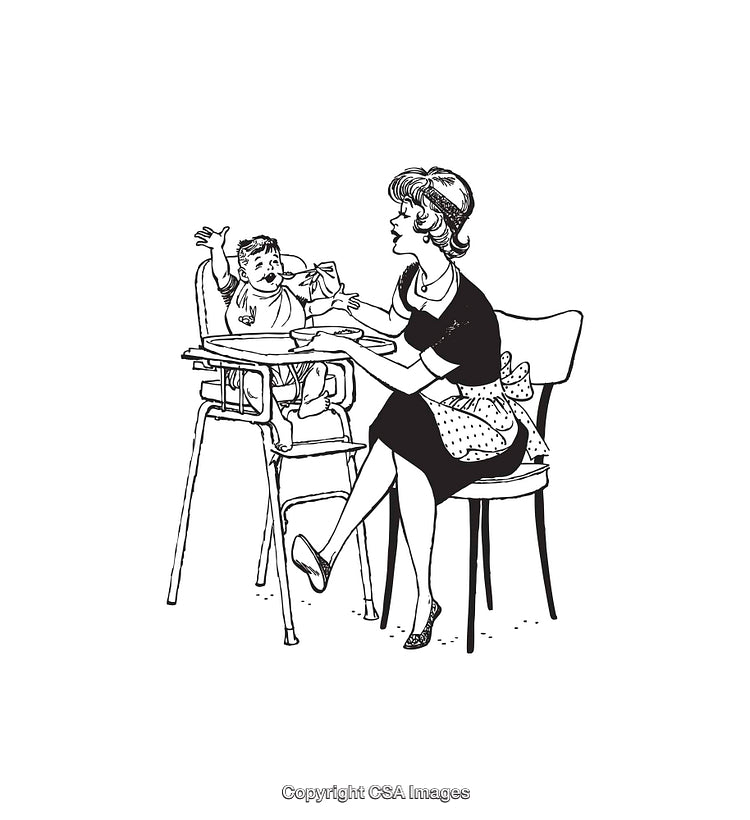 Mother Feeding Baby in High Chair – Retro Line Art Illustration