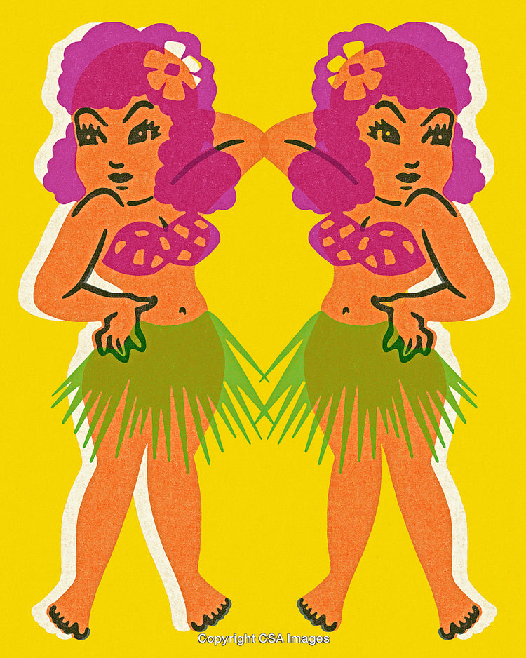 Colorful Retro Hawaiian Dance Illustration with Vibrant Hula Figures