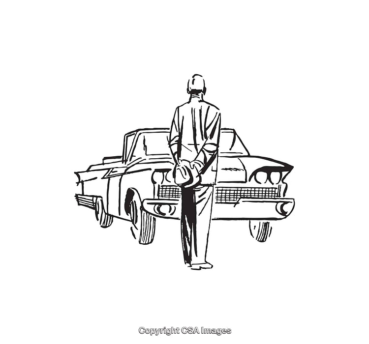 Classic Car Illustration with Man Holding Hat in Black and White