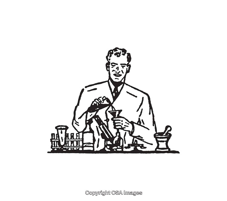 Black And White Illustration of a Chemist at Work in a Laboratory