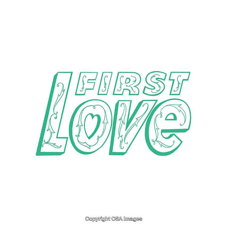 Stylized Typography Illustration Featuring the Phrase First Love in Green