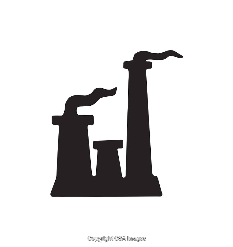 Black and White Icon of Factory with Smoke Stacks Emitting Fumes