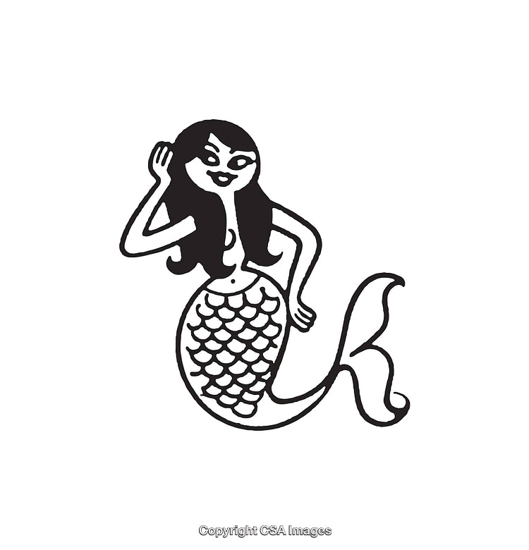 Black and White Line Art Illustration of a Playful Mermaid Character