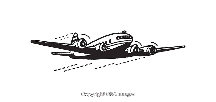 Vintage Black And White Line Drawing of a Flying Airplane