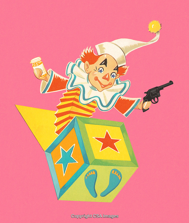 Colorful Jack-in-the-Box Clown with Unique Surrealistic Objects on Pink Background