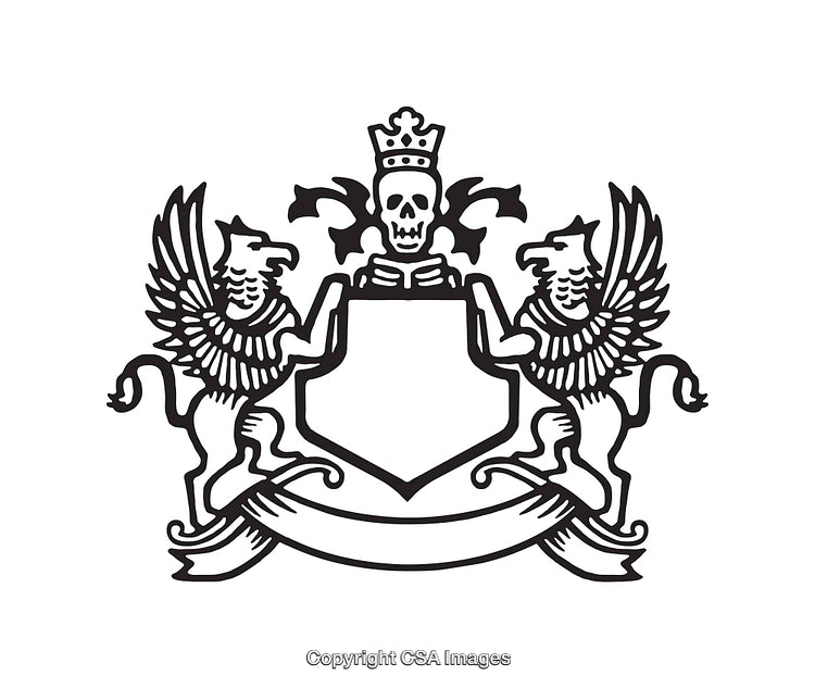 Black and White Heraldic Emblem with Gryphons, Shield, and Crown