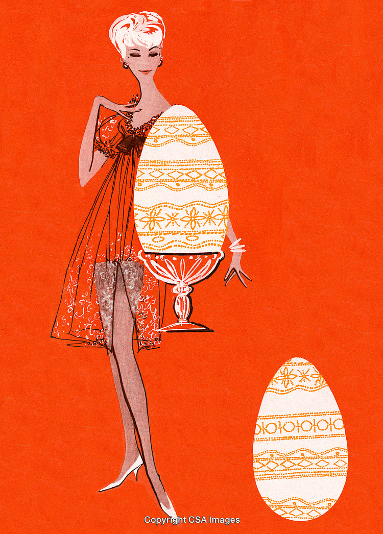 Stylized Illustration of a Woman Holding a Decorated Egg on an Orange Background