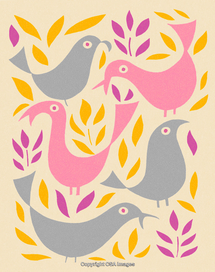 Colorful Birds and Leaves in a Playful Decorative Pattern