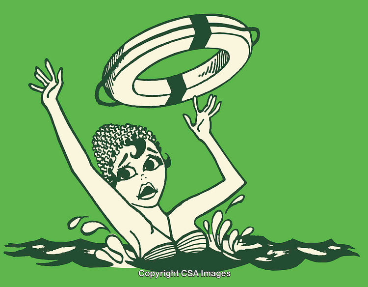 Colorful Line Art of Woman Struggling in Water with a Lifebuoy
