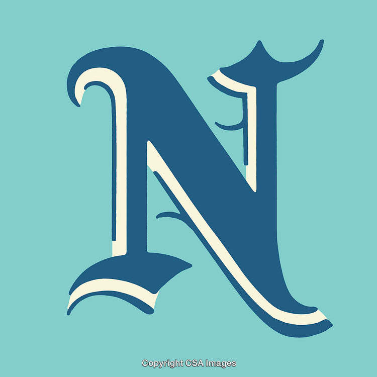 Ornate Serif Letter N in a Decorative Style with Teal Background