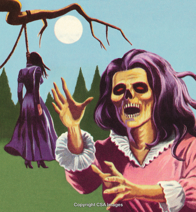 Illustration of a Skeleton and a Woman in a Haunting Forest Scene