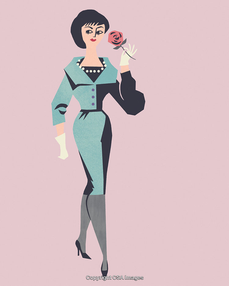 Elegant Woman in Retro Inspired Fashion Holding a Rose on a Pink Background