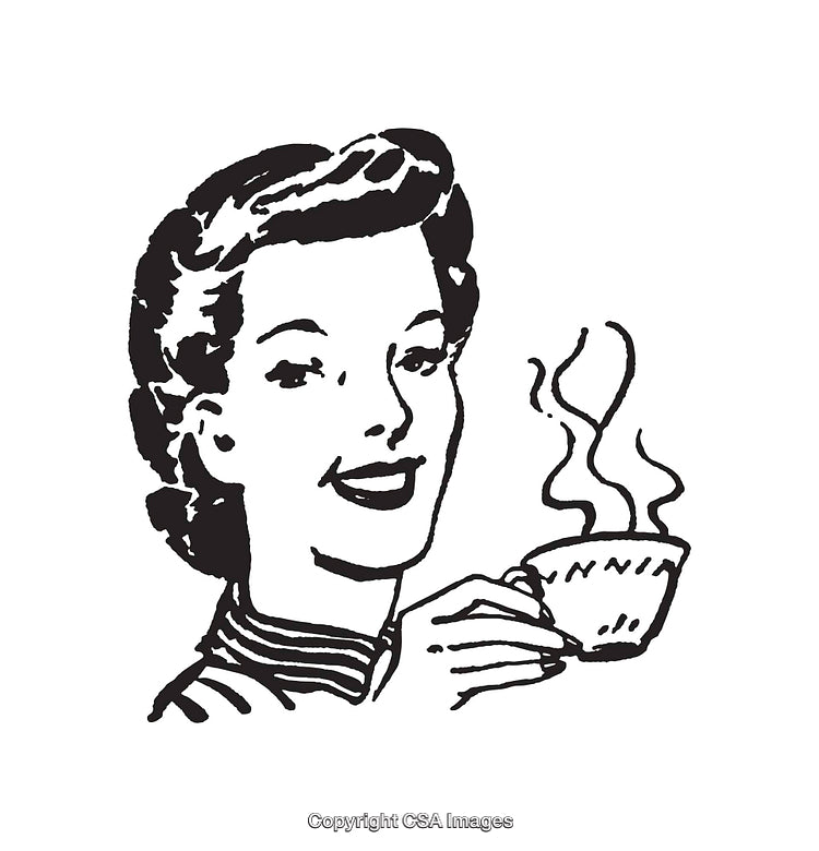 Retro Styled Line Art of Woman Holding a Cup of Coffee