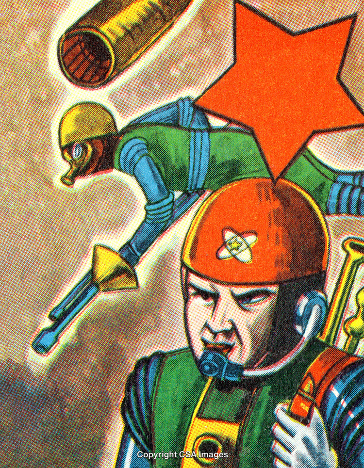 Retro Illustration of Futuristic Soldiers in Vibrant Colors and Uniforms