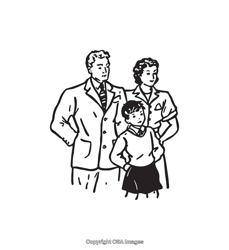 Vintage Family Illustration Depicting Parents and Child in Black and White