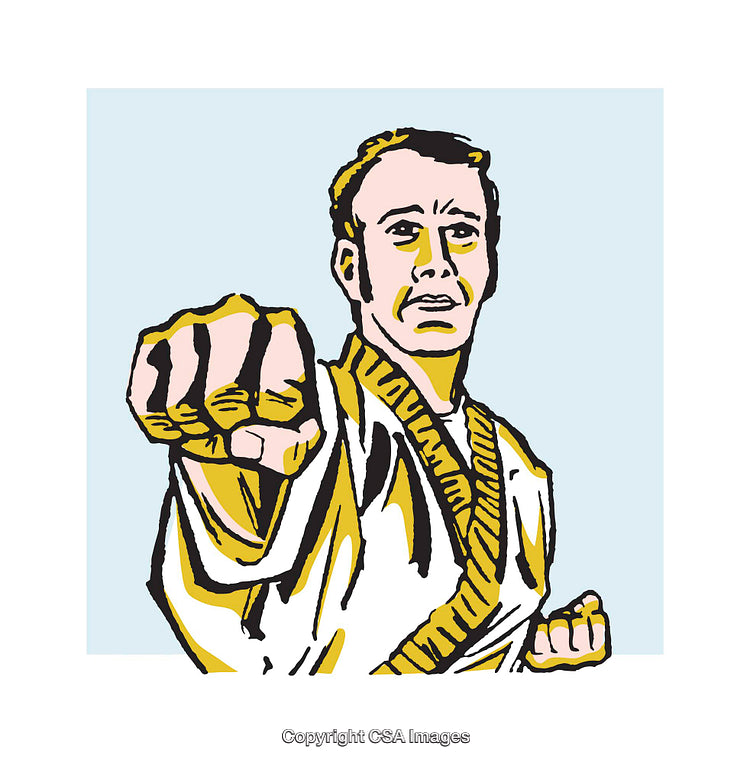 Illustrated Karate Master in Action with Vibrant Yellow Highlights