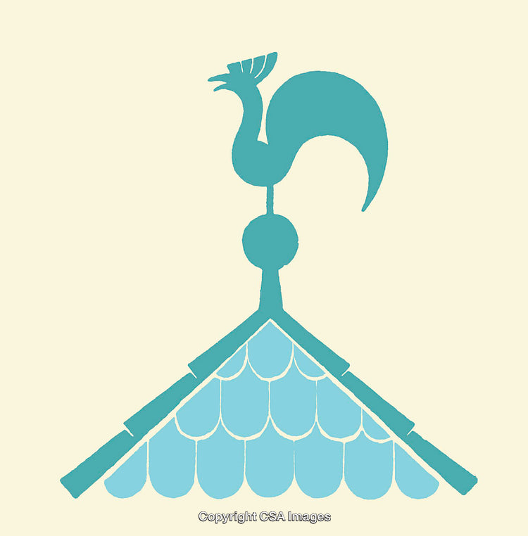 Stylized Blue Rooster Weather Vane on Roof in Minimalist Illustration