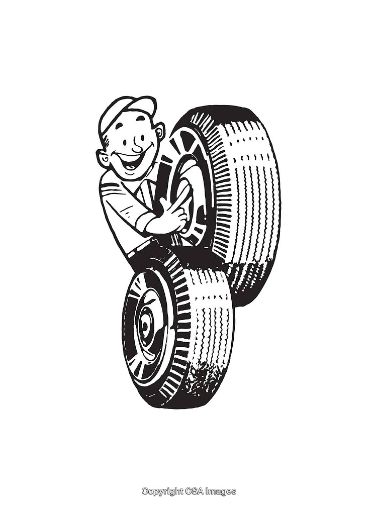 Retro Illustration of a Happy Worker Handling Tires